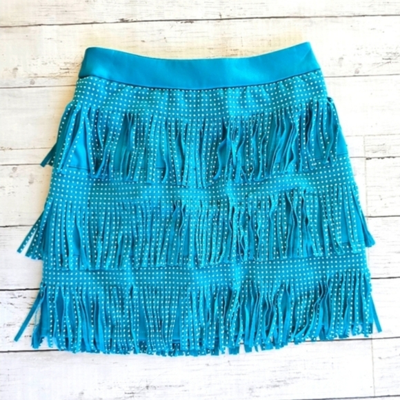 Sincerly Jules Dresses & Skirts - Sincerely Jules Turquoise Blue Faux Leather Studded Suede Fringe Western Skirt